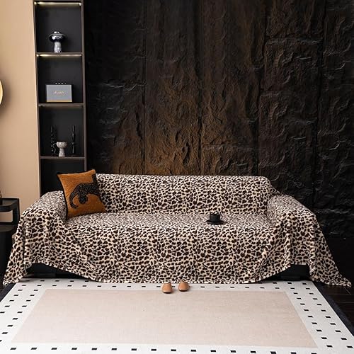 AMWAN Leopard Print Decorative Faux Rabbit Fur Couch Cover Soft Thick Throw Blanket for Couch Sofa, Warm Fluffy Blanket for Winter, Luxury Cute Cozy Furry Blanket for Bed, Almond, 71x134’’