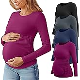 Huukeay 4 Pack Women's Maternity T Shirts, Long Sleeve Side Ruched Pregnancy Top Crew Neck Bodycon Shirts Casual Mama Clothes