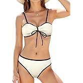 Vivola Women's Bikini Sets Color Block Two Piece Swimsuit V Neck Bathing Suit Textured Self Tie Cheeky Swimwear