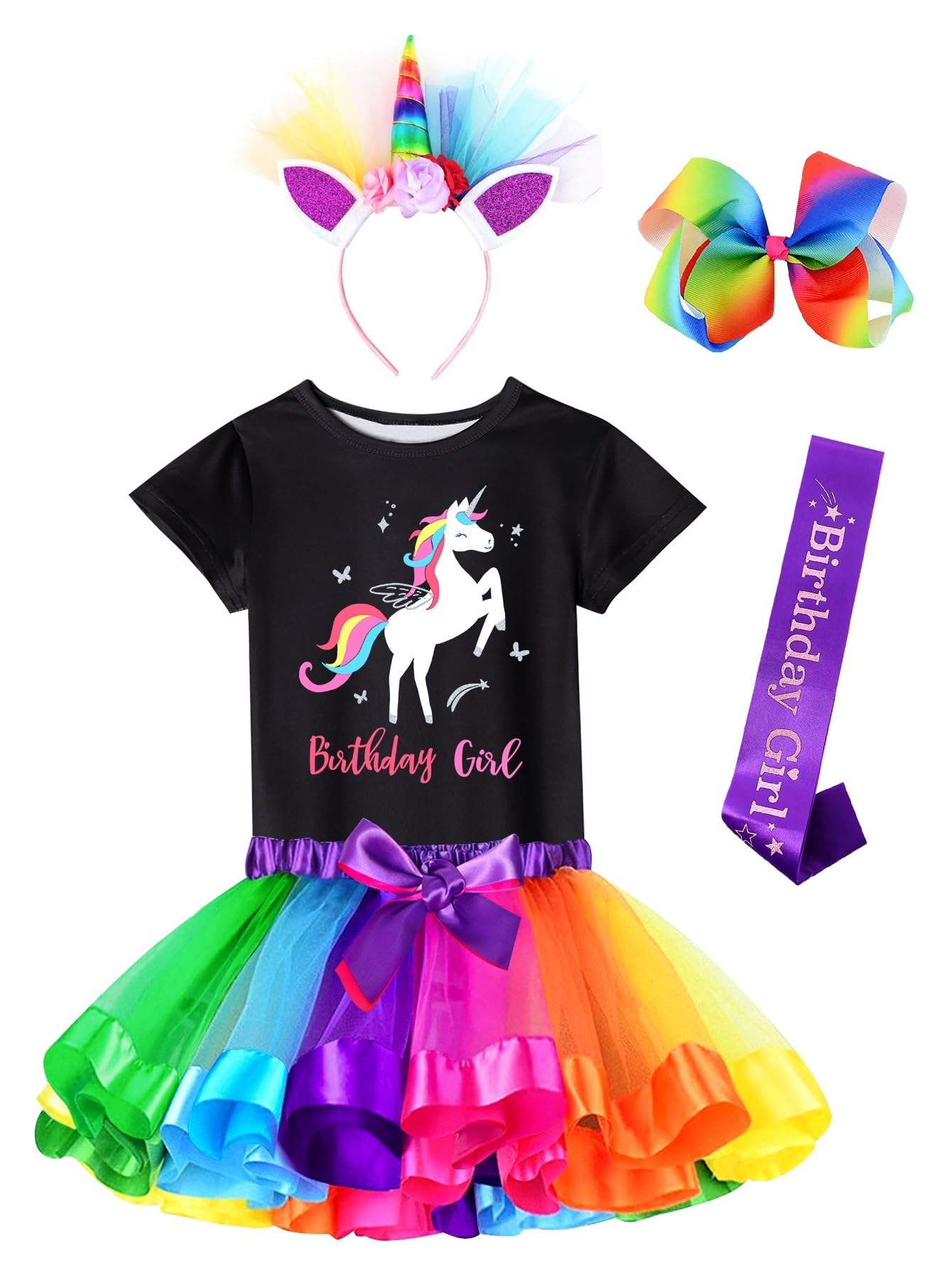 Doctor Unicorn Birthday Girls Unicorn Costume Outfit Rainbow Tutu, Unicorn T-shirt, Satin Sash, Hair Bow & Headband Rainbow/Black Unicorn Shirt, 3-4 Years