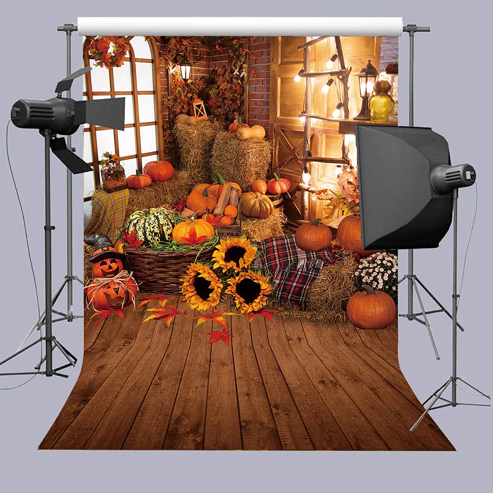 Autumn Photography Backdrop Fall Wooden Floor Barn Backdrop Autumn Pumpkins Maple Leaves Sunflower Background for Kids Adult Family Portrait Photo Background 5X7FT