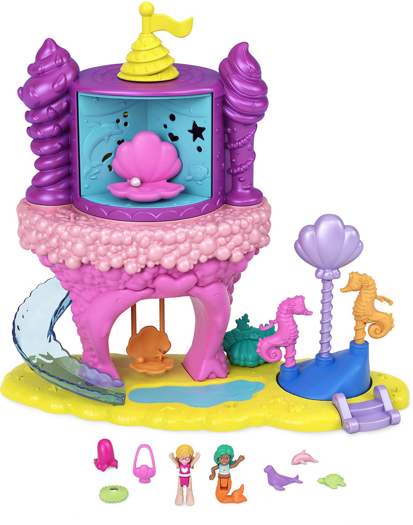 Polly Pocket Rainbow Funland Mermaid Cove Ride Playset, Polly & Mermaid Dolls, 15 Accessories, Dispenser Feature for Surprises