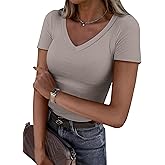 ANRABESS Women Short Sleeve V Neck Ribbed Knit Fitted Shirts Basic Tees Tops 2026 Summer Casual T-Shirts Going Out Outfits