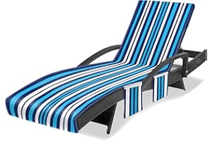 Ruikyhom Beach Chair Cover with Pockets, Lounge Chair Towel Cover, Rainbow Striped Microfiber Beach Chair Towel Cover for Holiday Trips,Beach,Pool,Sunbathing,Courtyard,Blue White(85"x30")