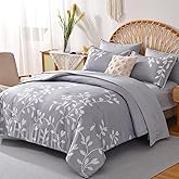 METAHOTS King Size Comforter Set - 7 Pieces White Floral Botanical Printed on Grey King Comforter Set with Sheets, Soft Lightweight Microfiber Bedding Set for All Season(104"X90")