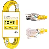 Thonapa 10 Foot Lighted Outdoor Extension Cord - 12/3 SJTW Heavy Duty Yellow Extension Cable with 3 Prong Grounded Plug for S