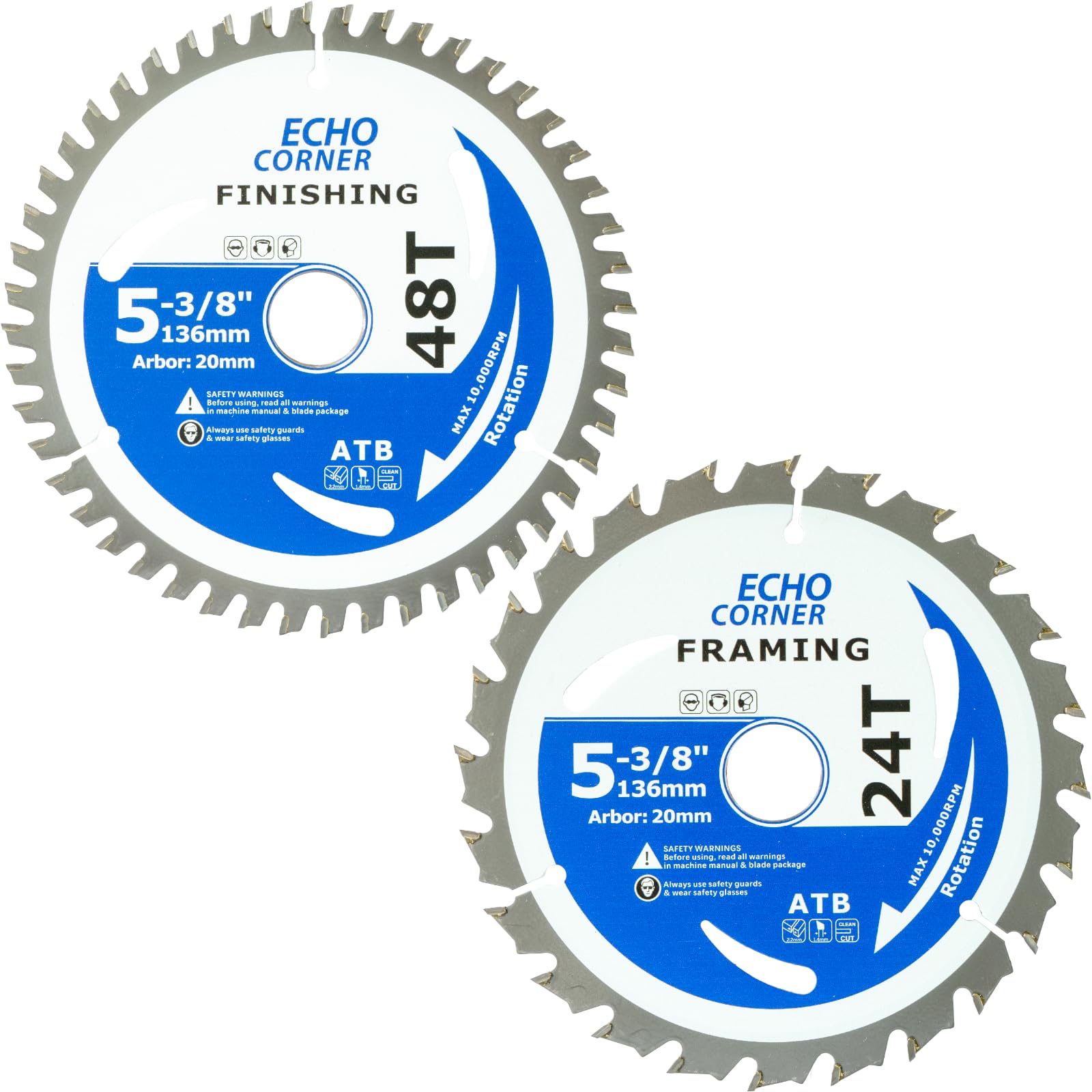 Echo Corner 136mm Wood Cutting Circular Saw Blades 24T/48T Combo Pack, 20mm Bore