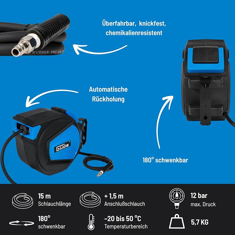 Automatikschlauchtrommel 15 m (12 bar, 180° schwenkbar, Druckluftschlauch Ø 16/9 mm hochflexibel, abriebfest, überfahrbar, chemikalien- und temperaturbeständig, Automatikeinzug, Wandhalterung)