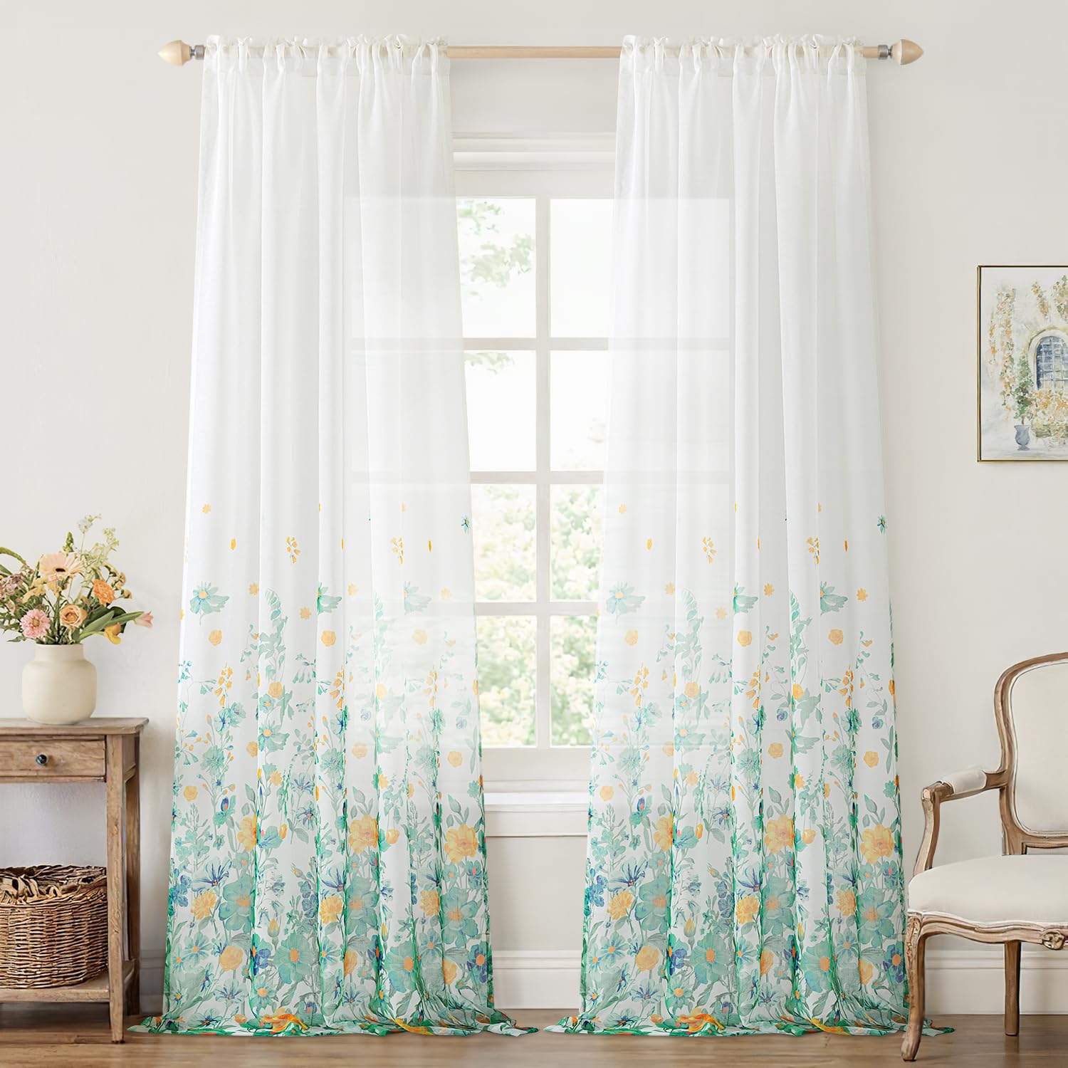 MIULEE Turquoise Printed Semi Sheer Linen Textured Curtains 84" Long 2 Panels Set for Bedroom Living Room Floral Printed Rod Pocket Tulle Light Filtering Spring Flower Pattern Window Drapes 52" x 84"