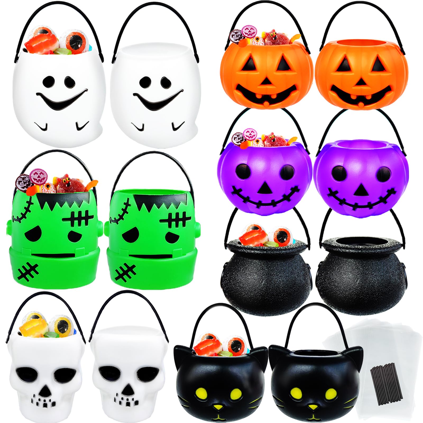 Photo 1 of 14 PCS Mini Halloween Candy Holder,Portable Pumpkin Ghost Cauldron Bucket with Candy Bags Black Wire Ties Halloween Party Supplies for Kids,Trick or Treat