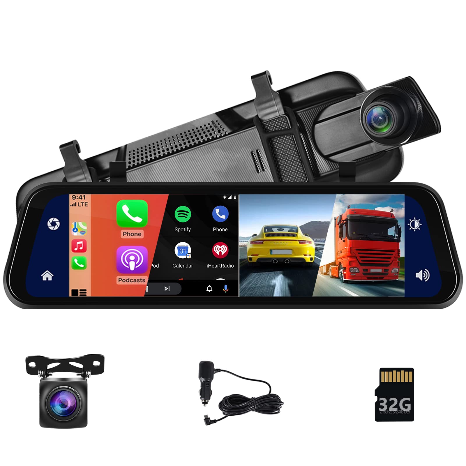 Mirror Dash Cam Carplay Wireless Android Auto,9.66" Touchscreen Rear View Mirror DVR Backup Camera Front and Rear View Dual Night Vision Cameras WDR Voice Control Loop Recording FM Transmitter+32G TF