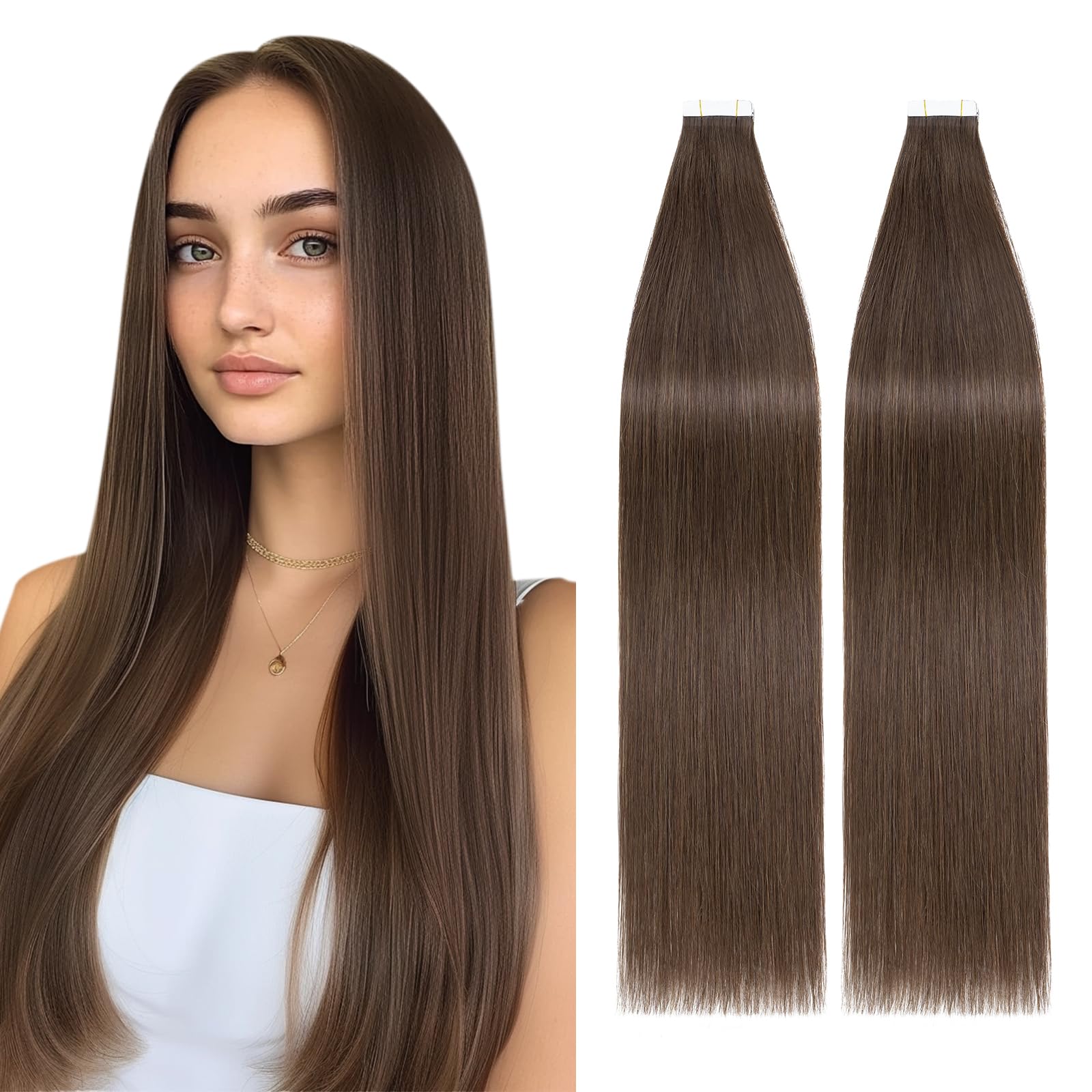 Tape in Hair Extensions Human Hair Black 12inch Real Remy Hair 40 Pcs Skin Weft Seamless Straight(#04 Medium Brown)