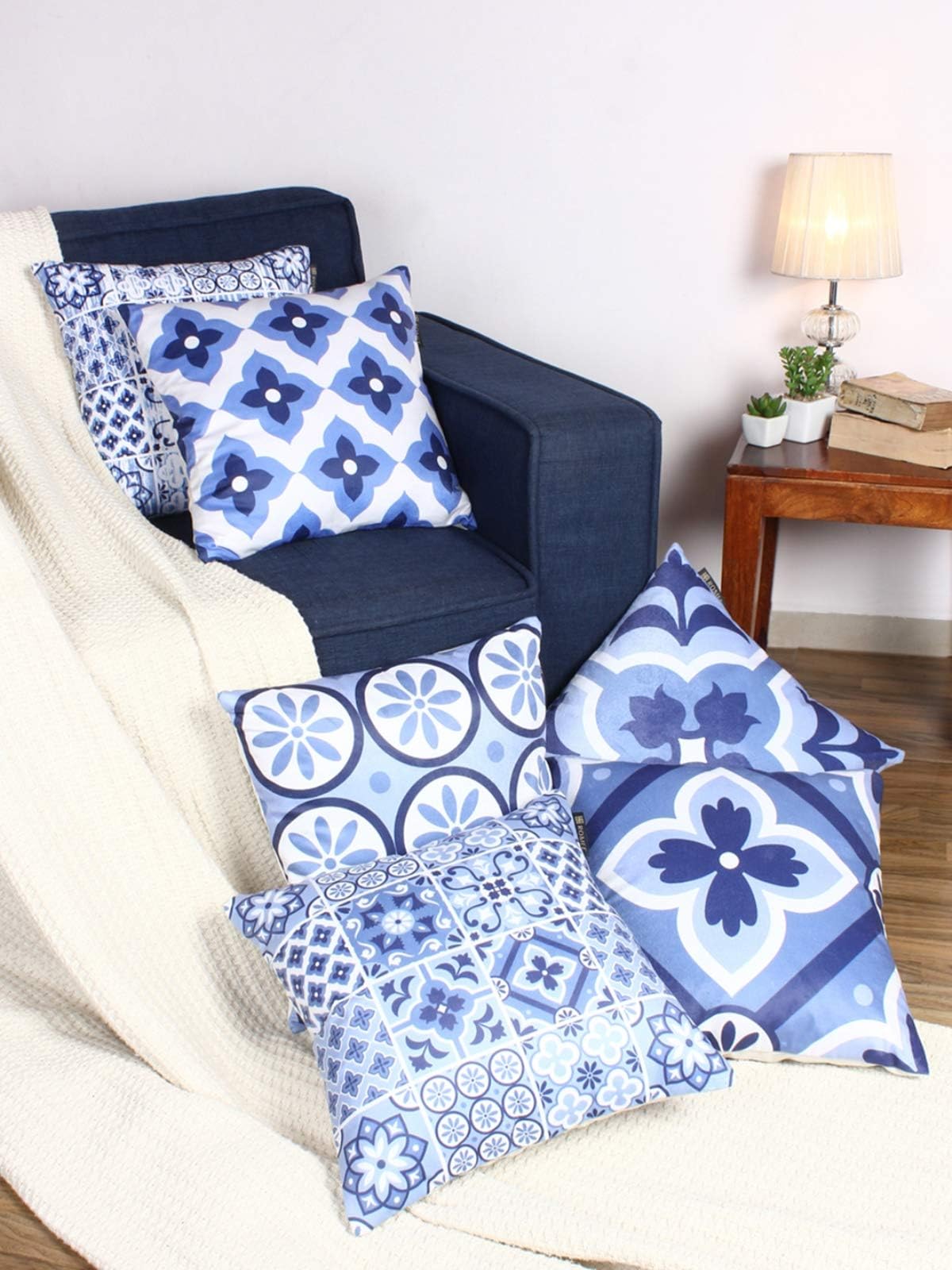 ROMEE Soft Velvet Abstract Printed Throw Pillow/Cushion Cover 16x16 Set of 6 - Blue