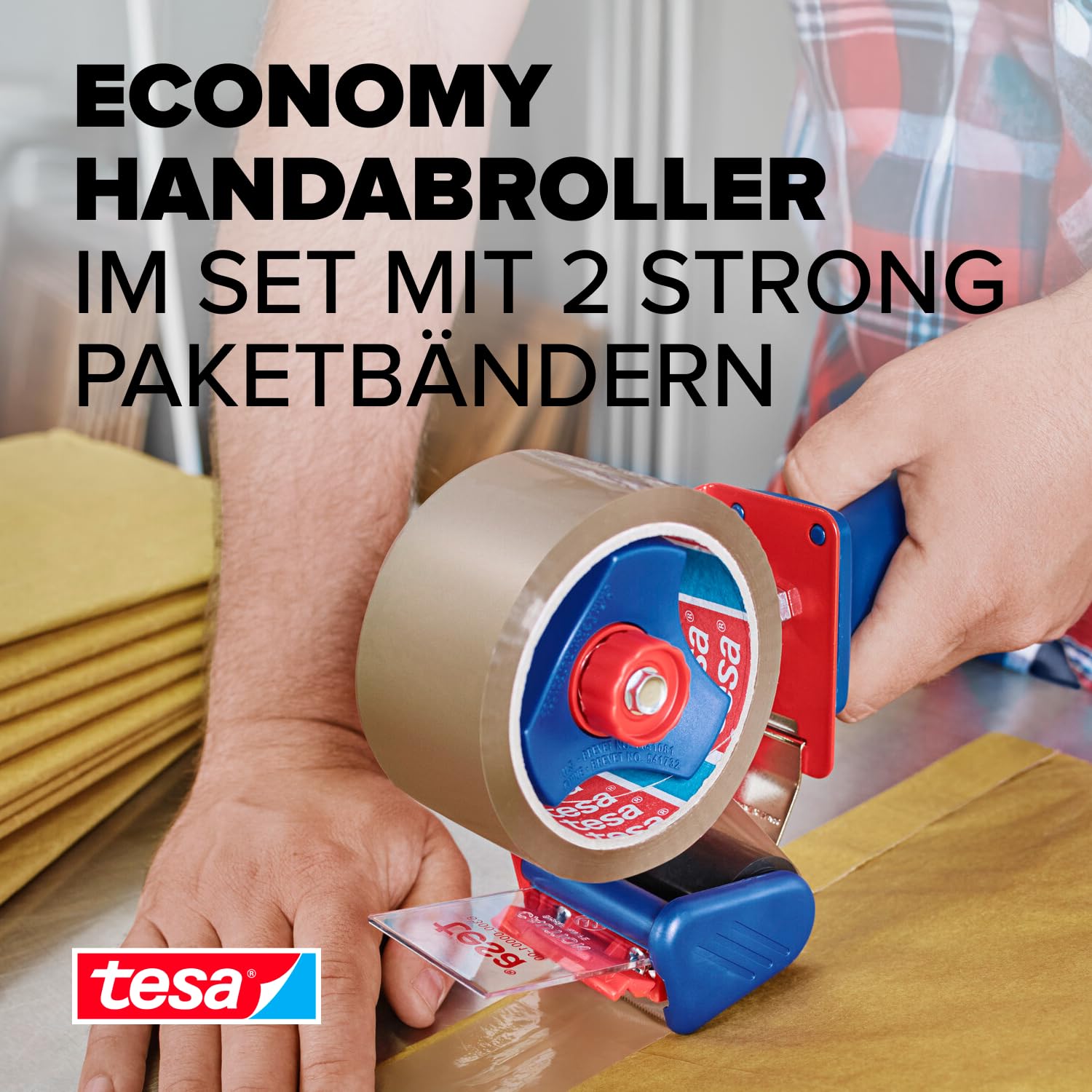 tesa Paketband-Abroller und tesapack Paketbänder im Set - 2 x hochwertiges Packband inklusive 1 Abroller - Transparent - 66 m x 50 mm 2
