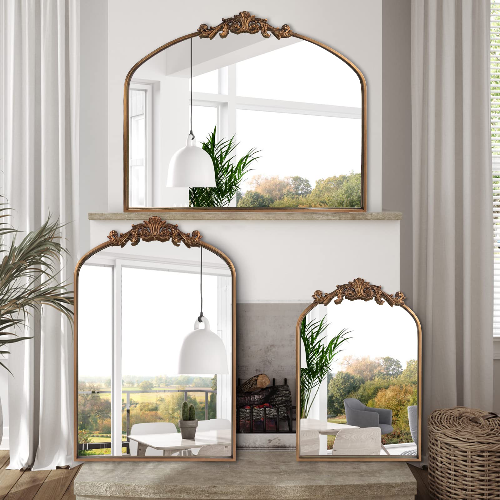 HQiJun Wall Mirror Window Decorative Traditional Vintage Ornate Baroque Mirrors Antique Arched Farmhouse for Living Room Bedroom Entryway Bathroom Vanity (24 * 36 * 1.2, Gold)