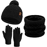 BAHABY Hat Gloves Scarf Set Women, Winter Beanie with Pom Pom Warm Gloves Neck Warmers 3 in 1 Set