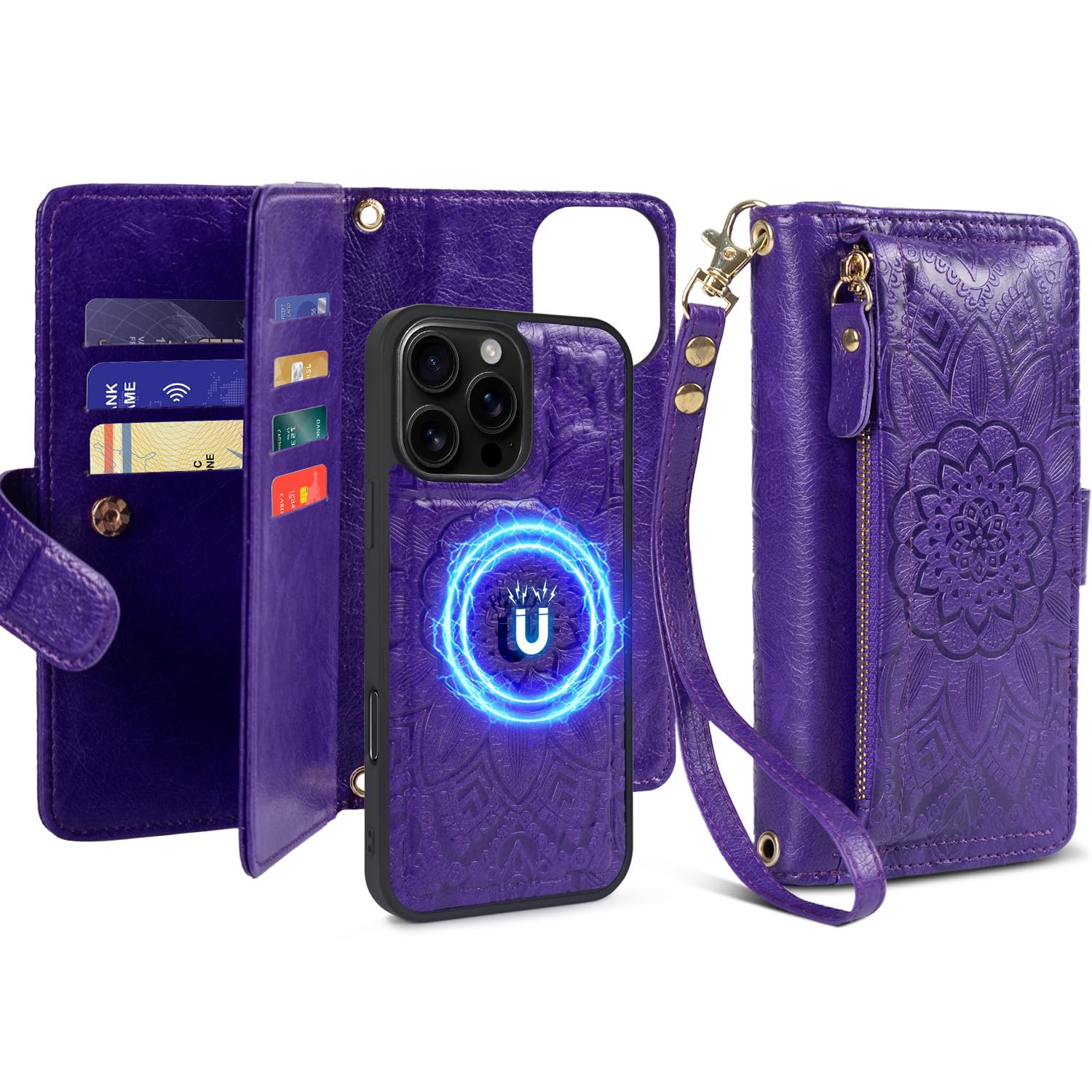 Photo 1 of Harryshell for iPhone 15 Pro 6.1 inch Detachable Magnetic Case Wallet,Compatible with Magsafe Wireless Charging, [ RFID Blocking ] Card Slots, Cash Zipper Pocket Wrist Strap (Floral Purple)