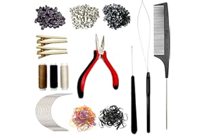 FEXICHUJI Sew in Hair Extensions Kit, Microlink Tool Kit with 600 Silicone Nano Microbeads, 1 Extension Plier, 3 Rolls of Sewing Thread, 2 Hair Pulling Loops, 10 Crochet Hooks, 4 Clips, 1 Comb, 200 Rubber Bands