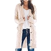 PRETTYGARDEN Long Sleeve Cable Knit Long Cardigan for Women 2026 Spring Winter Chunky Open Front Button Sweaters with Pockets