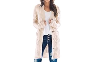 PRETTYGARDEN Long Sleeve Cable Knit Long Cardigan for Women 2025 Fall Winter Chunky Open Front Button Sweaters with Pockets