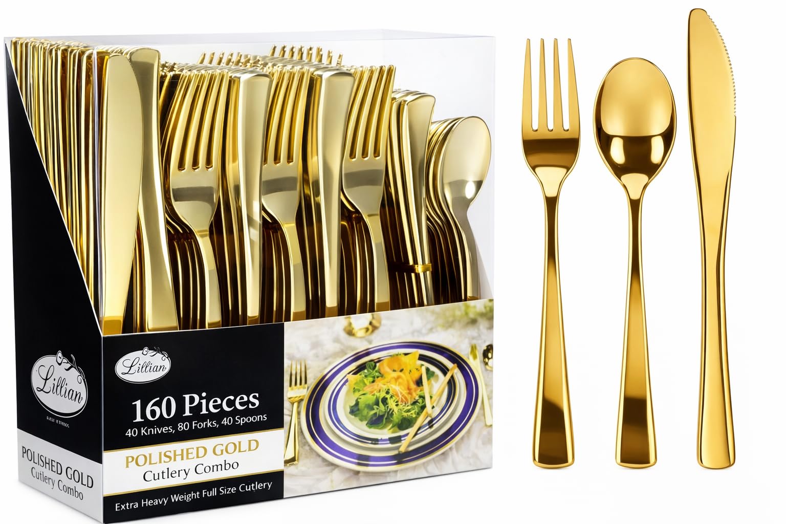 Reusable Plastic Cutlery Polished Gold, Full Size Cutlery Combo, 80 Forks, 40 Knifes, 40 Spoons, Value Pack 160 Count