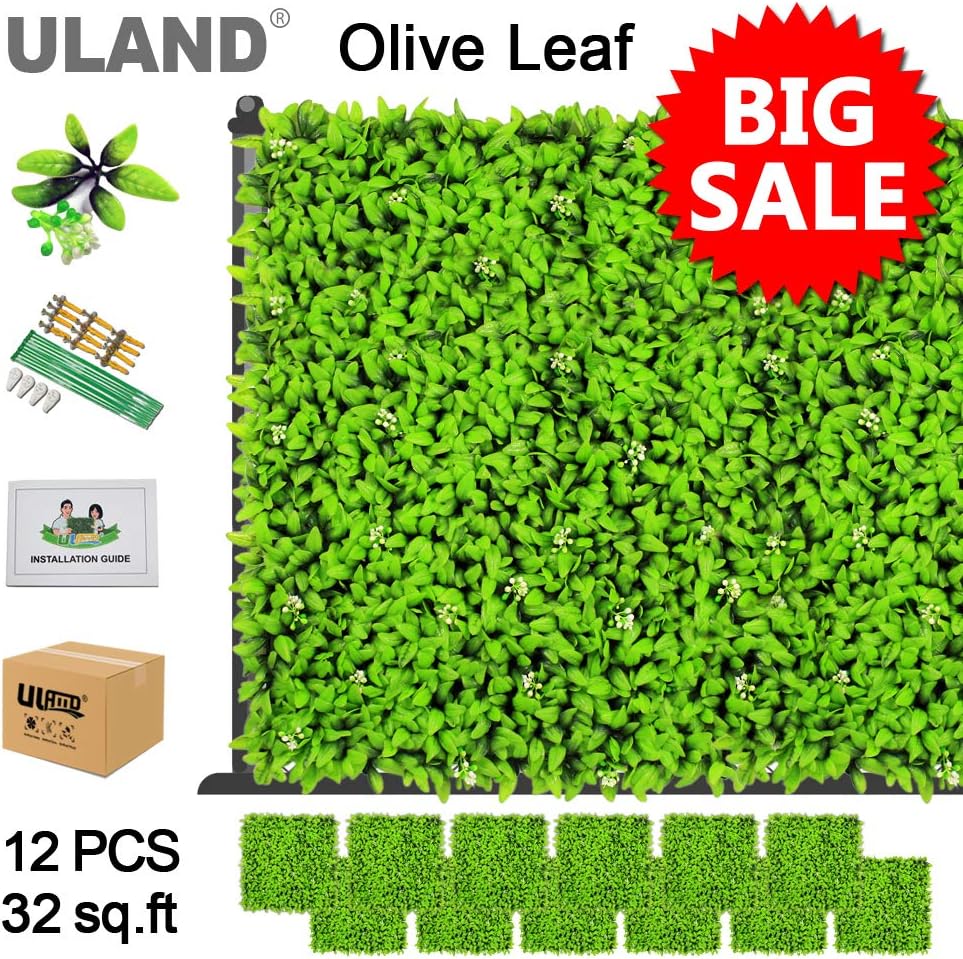ULAND Artificial Greenery Boxwood Hedges Screening Panels, Faux Ivy Leaf Fencing,Fake Leaf Screen Home Garden Outdoor Natural Screens Decoration, Pack of 12pcs 20"x20"