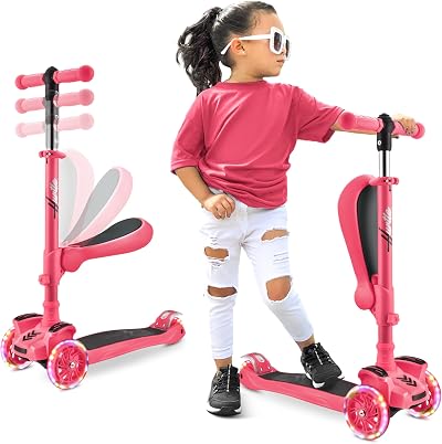 Hurtle 3-Wheel Try Scooter for Kids Ages 2-12 with Flip Seat Foldable LED