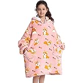 Deserthome Wearable Blanket Hoodie for Kids 6-12YR Oversized Animal Hooded Blanket Super Soft Comfortable Warm Flannel Corgi
