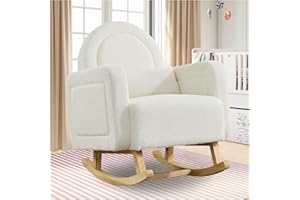 cinkehome Nursery Rocking Chair with Lumbar Pillow, Teddy Glider Nursing Rocking Armchair with Solid Wood Legs, Modern Rocker Chair for Nursery Living Room Bedroom