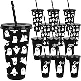 JarThenaAMCS 12 Pcs Halloween Ghost Party Cups with Lids Straws Cute Ghost Boo Plastic Tumblers Black White Reusable Water Bottle for Hot Cold Drinks Birthday Party Baby Shower Table Decor, 24 Oz