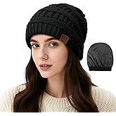 Satin Lined Beanie Women-Winter Hats for Women Silk Lined Slouchy Cute Beanie for Winter Warm Knit Ski Hat