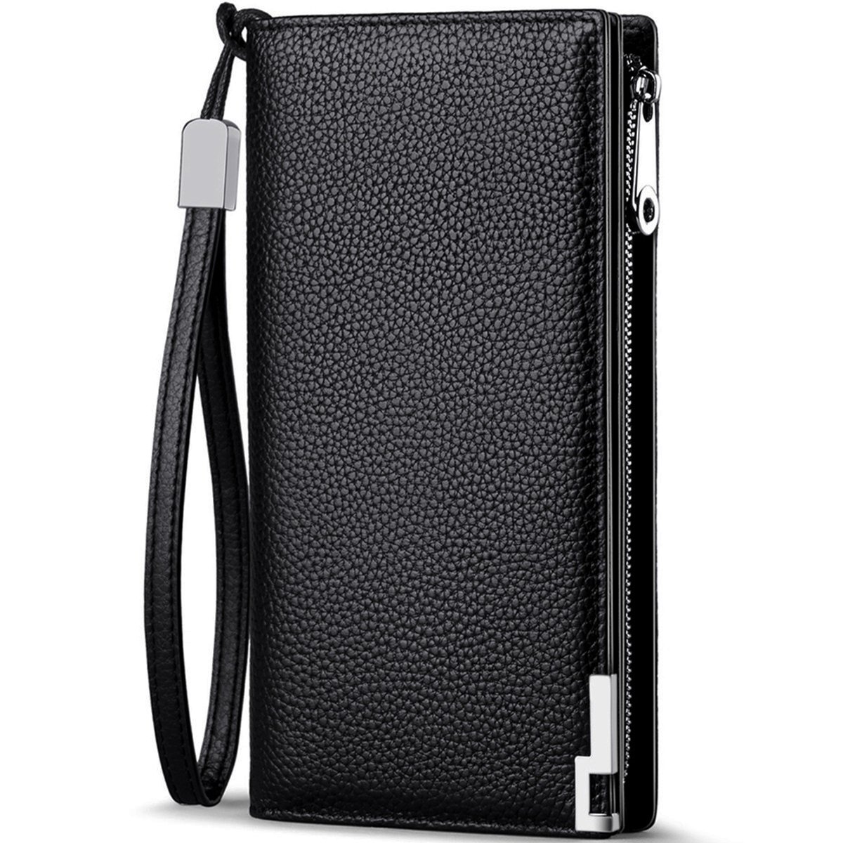 Huztencor Long Wallets for Men Leather RFID Blocking Wallet Bifold Slim Credit Card Holder Zipper Clutch Purse with Wrist Strap Black