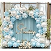 Blue White Balloon Garland Double Stuffed Light Baby Blue Balloons White Bow Bobo Pearl Balloon Arch Kit for Wedding Birthday Baby Shower Winter Princess Party Decorations