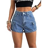WDIRARA Women's High Waisted Denim Cargo Shorts Straight Leg Casual Jean Shorts with Pockets