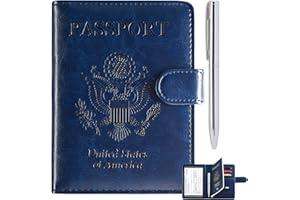 RSAquar Passport Holder for Women and Men, Premium PU Leather Travel Passport Wallet RFID Blocking Passport Cover Travel Documents Organizer with Pen Holder, Blue#2