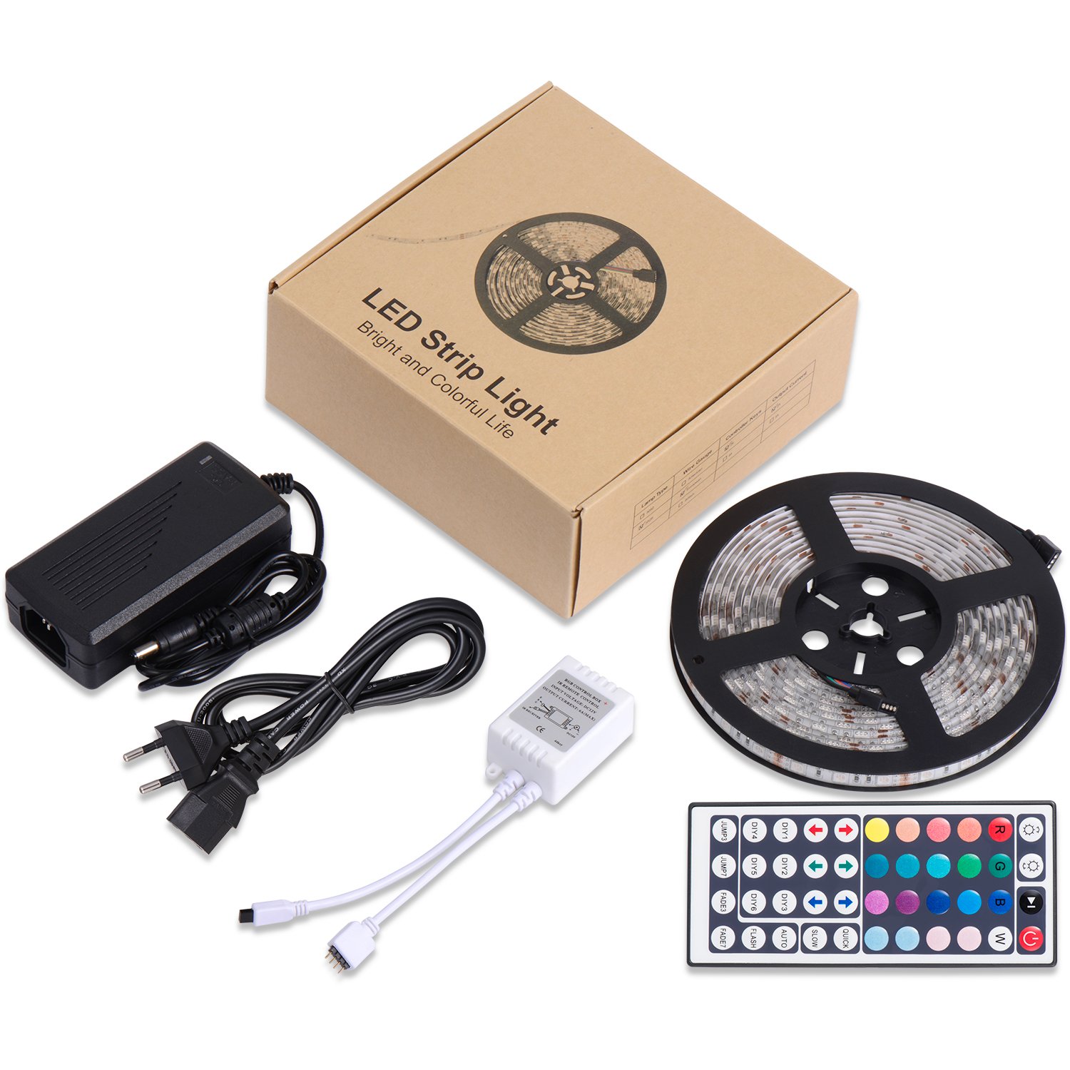 SENDIS Kit de Ruban à LED 5m / 60W, 300 LEDs multicolores 5050 RGB SMD Etanche + Adapteur + Alimentation + télécommande à infrarouge 44 touches