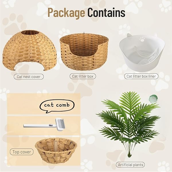 CAT LITTER BOX PLANT FURNITURE ENCLOSURE WITH ARTIFICIAL PLANT, DECORATIVE HANDWOVEN RATTAN ROUND PLANTER, CARBON FILTER FOR ODOR CONTROL, EASY-TO-CLEAN,IN LIVING ROOM, BEDROOM, CORNER, NATURAL