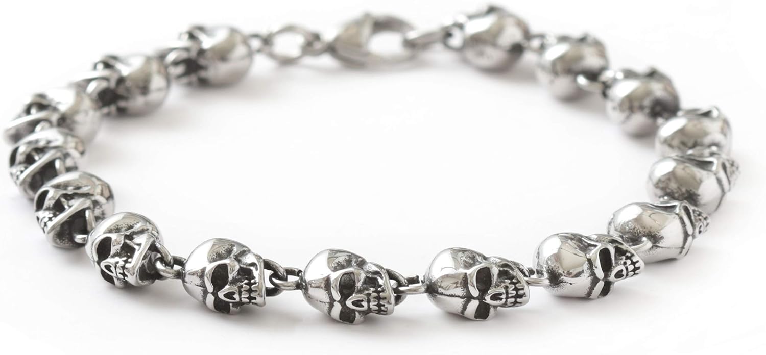 HAQUIL Stainless Steel Skull Charm Linked Bracelet for Men and Women, 8.27": Clothing
