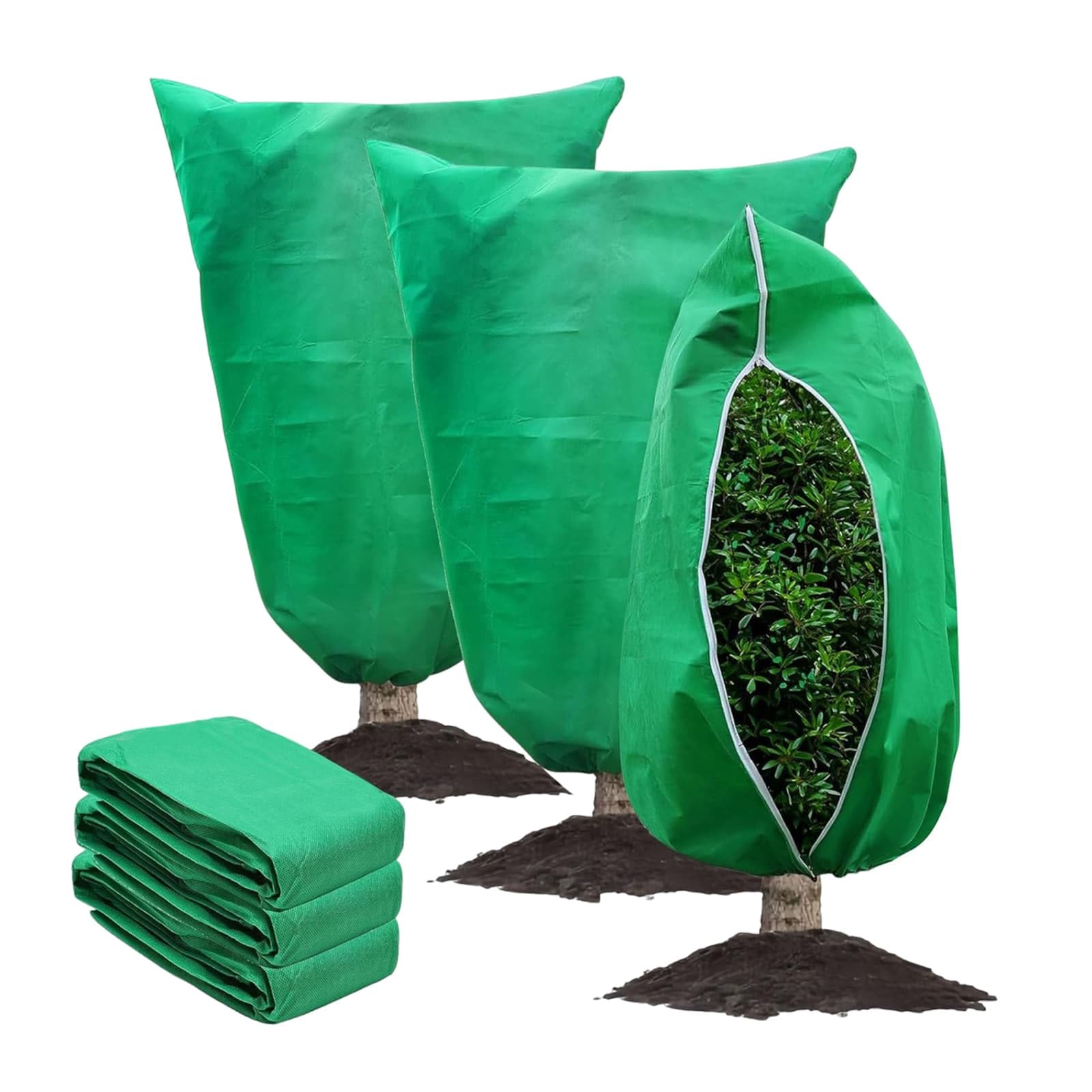 Eidoct 3 Packs Plant Covers Freeze Protection, Large Size 80 X 120cm Freeze Protection Tree Covers Bags Blankets, Green with Zipper Drawstring, for Outdoor Plants