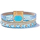 FANCY SHINY Crystal Beaded Leather Wrap Bracelet Stackable Boho Jewelry for Women Resin Stone Bangle Cuff with Magnetic Clasp