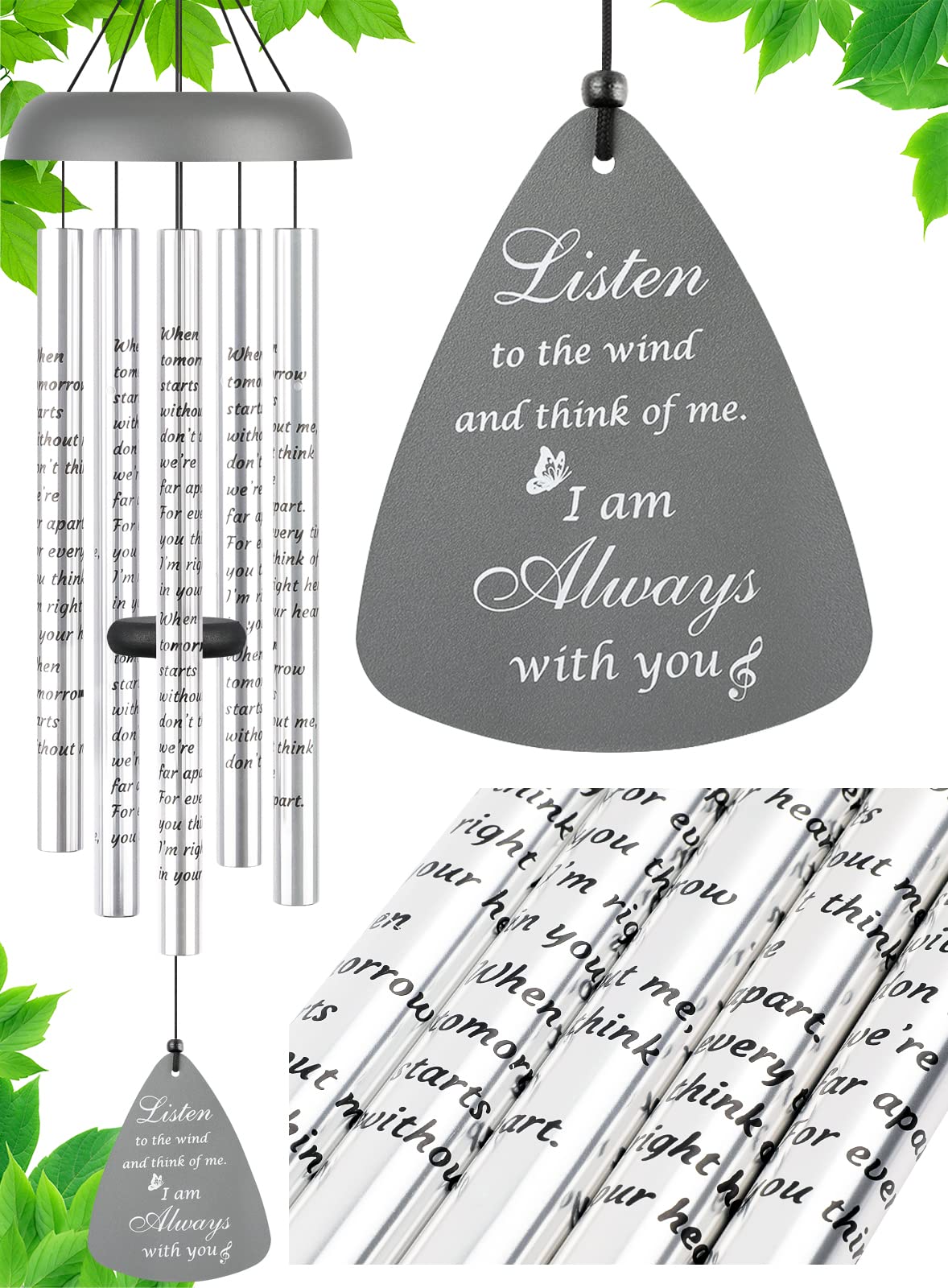 Sympathy Gift Wind Chimes for Outside - 36'' Large Memorial Gifts for Loss of Mother/Mom/Father/Dad, Bereavement Gift Ideas Windchimes Outdoors in Memory of Loved One, Condolence Remembrance, Gray Image