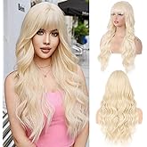 Aida ble Blonde Wig with Bangs Long Blonde Wavy Curly Wigs for Women Heat Resistant Synthetic wig for Girls Daily Use Party Halloween Cosplay Wig 28inch