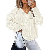 ZESICA Women's Spring Oversized Sweaters 2026 Casual Long Sleeve V Neck Cable Knit Trendy Pullover Tops