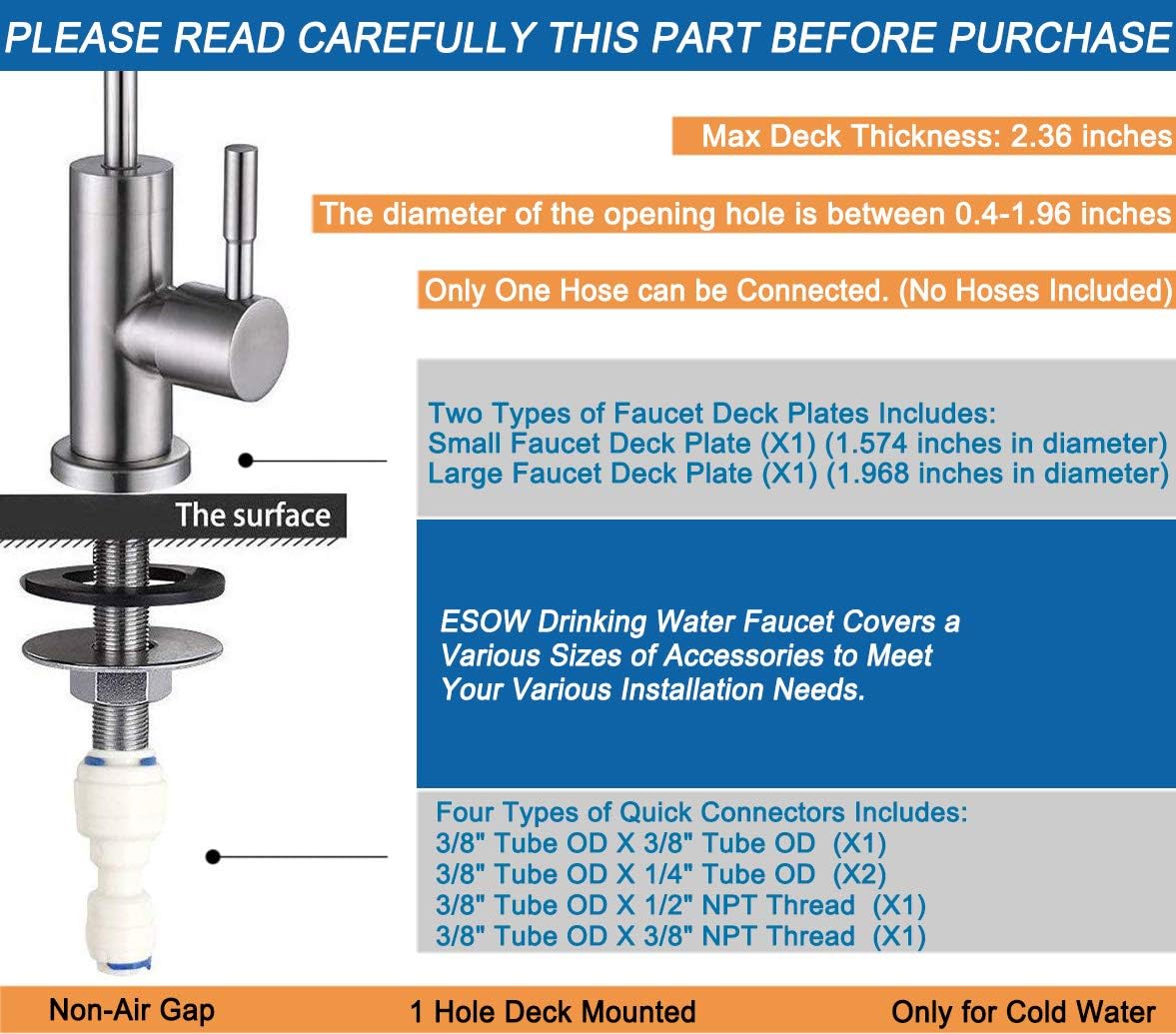 ESOW Kitchen Water Filter Faucet, 100% Lead-Free Drinking Water Faucet Fits most Reverse Osmosis Units or Water Filtration System in Non-Air Gap, Stainless Steel 304 Body Brushed Nickel Finish - - 