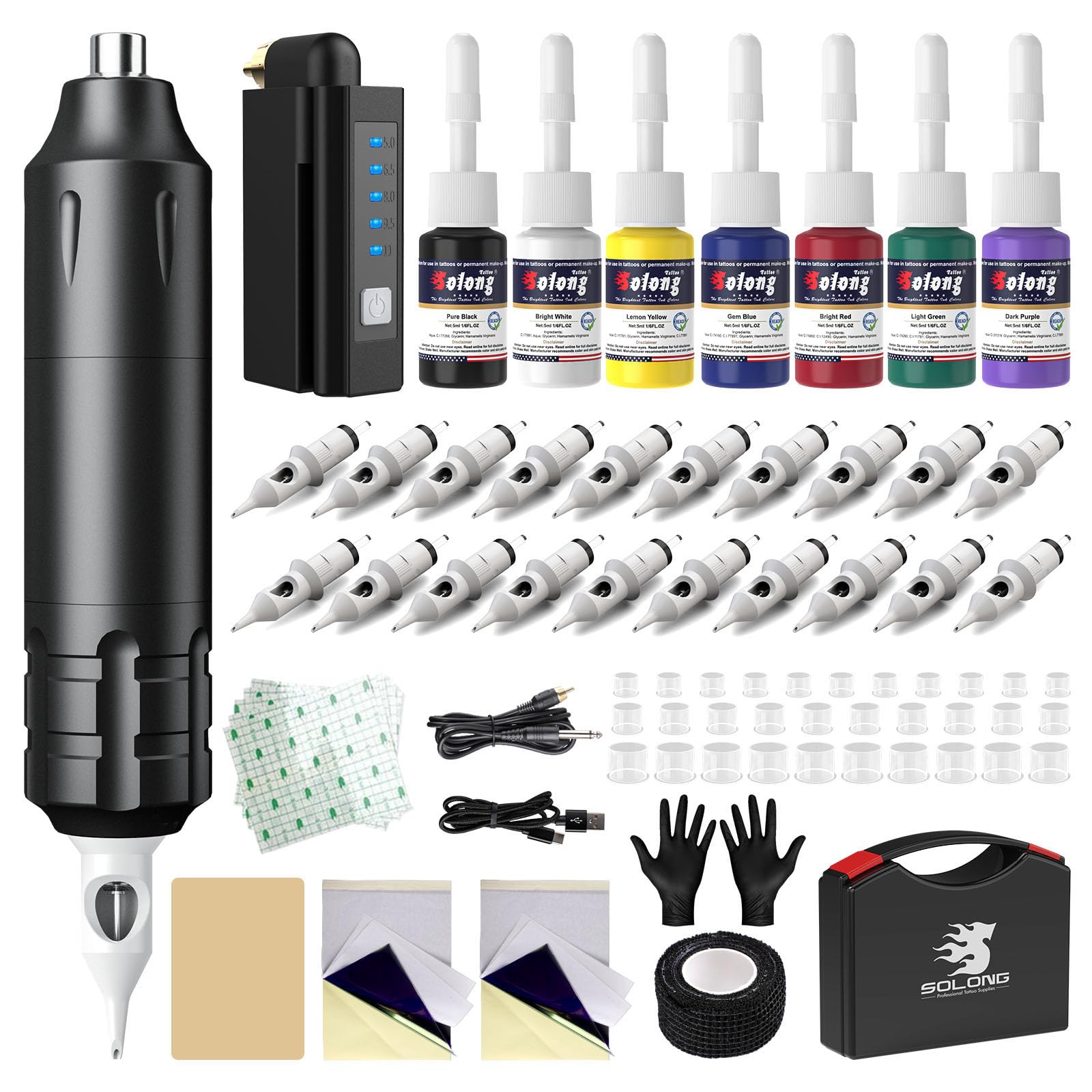 Solong Tattoo Gun Kit Wireless, Rotary Tattoo Machine with 14pcs Color Ink, 20 Premium Cartridge Needles, 1500mAh Battery with 5-Level Power Control for Professionals and Beginners