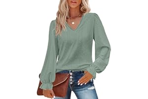 Misyula Womens Lace V Neck Puff Long Sleeve Eyelet Tops Dressy Business Casual Work Shirts Blouse S-XL