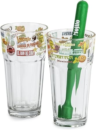 Lot De 2 Verres A Mojito Avec Pilon De Cocktail Verre Highball Verre A Long Drink Amazon Fr Cuisine Maison