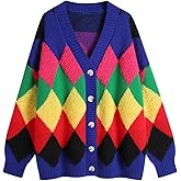Ckikiou Women's Oversized Fall Winter Button Down Cute Color Block Knitted Chunky Sweater Cardigan Top