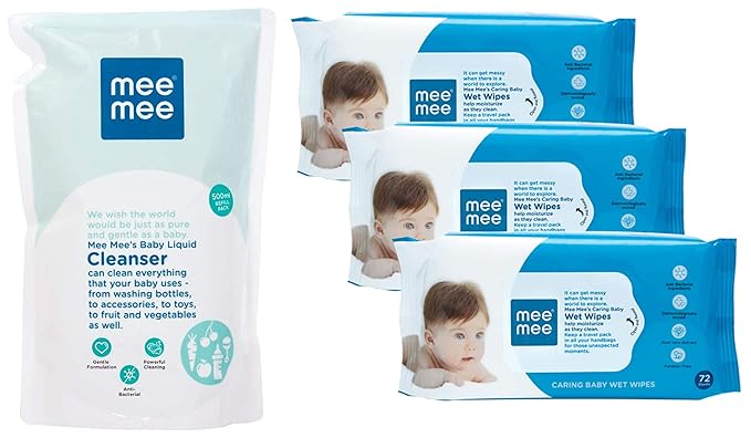 Mee Mee Anti Bacterial Baby Liquid Cleanser, 500ml & Caring Baby Wet Wipes with Aloe Vera (72 pcs/Pack) (Pack of 3) Combo