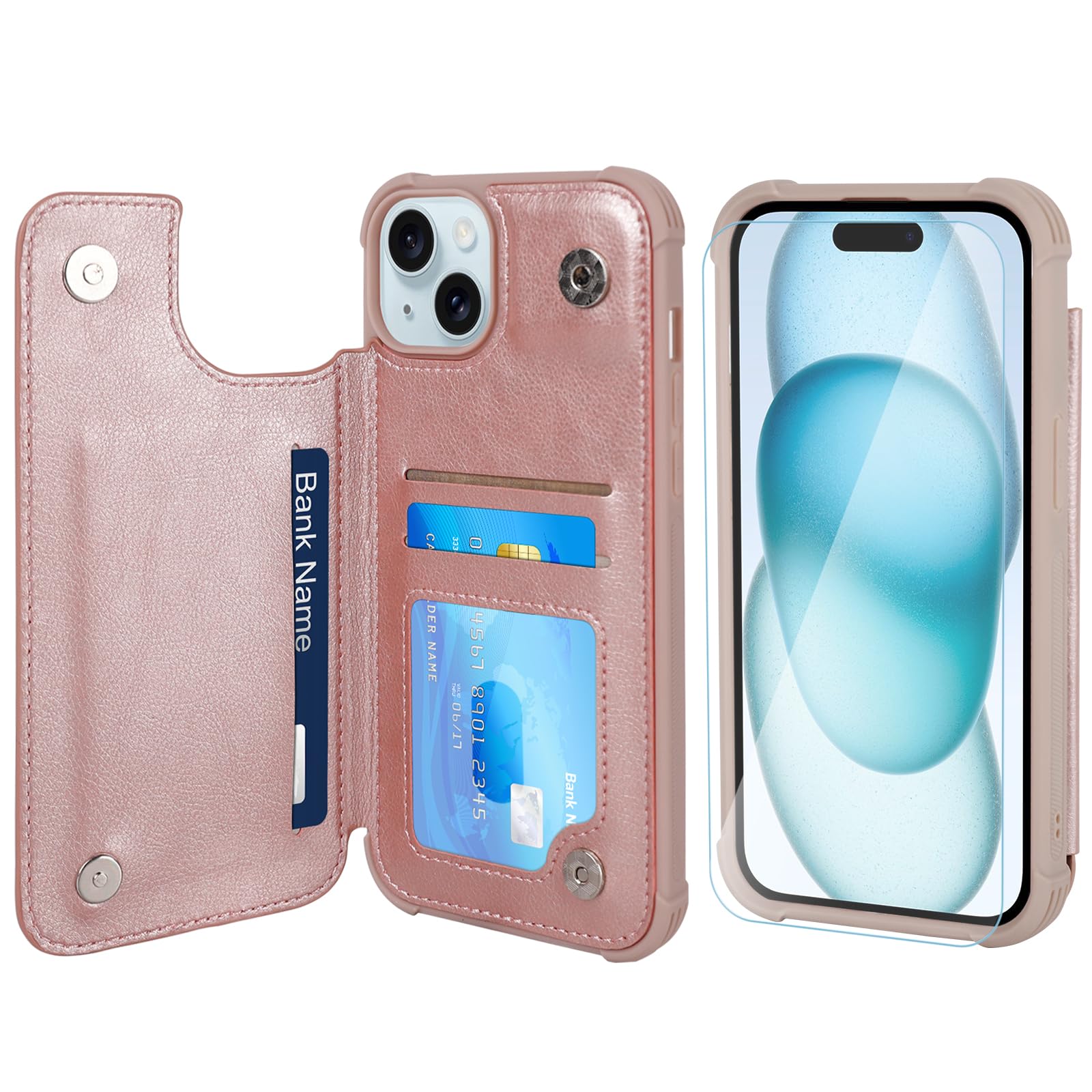 VANAVAGY Wallet Case Compatible for iPhone 15,Leather Flip Folio Shockproof Phone Cover Fit Magnetic Car Mount [Screen Protector Included] with Credit Card Holder for Apple 15, Rose gold